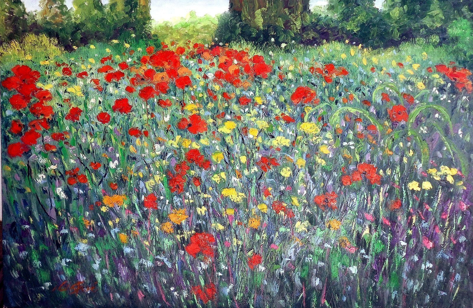 Isidro Cistare; Amapolas, 2007, Original Painting Oil, 120 x 75 cm. Artwork description: 241 Oil painting with a lot of material contribution, through spatula and details with thick brush.  Represents poppy fields, with his colorful and classic perspective of the painter which makes him have a very special calligraphy, RG...