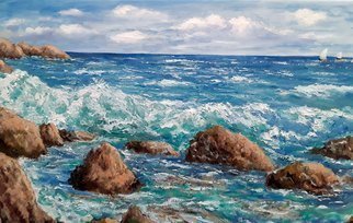 Isidro Cistare; El Mar, 2020, Original Painting Oil, 60 x 38 cm. Artwork description: 241 El mar Oil painting with a lot of material contribution, through spatula and details with thick brush.  It represents the Sea of the Costa Brava, Girona Spain , with the the sea inmarejada , formed by long waves interrupted by the protruding rocks, with well- characterized foam, the wind ...