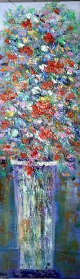 Isidro Cistare; Florero, 2004, Original Painting Oil, 36 x 116 cm. Artwork description: 241 Oil painting with a lot of material contribution, through spatula and details with thick brush.  It depicts a full glass vase, with a bouquet of red, white flowers. . . .  branches and green leaves which make a set that the artist has been able to harmonize throughout the painting, ...