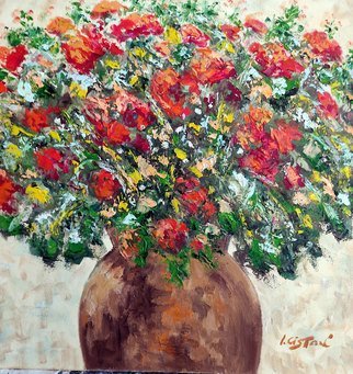 Isidro Cistare; Flores Rojas, 2021, Original Painting Oil, 50 x 50 cm. Artwork description: 241 Red Flowers.  Oil painting on canvas, with a lot of material input, using spatula and details with thick brush.  It represents a clay vase, full of red flowers accompanied by branches of shrubs of different shades, giving the whole a beautiful decorative and cheerful bouquet typical of ...