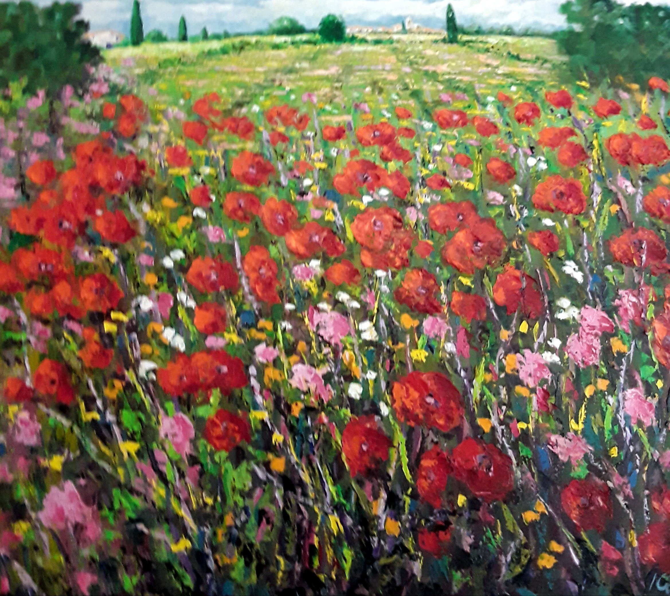 Isidro Cistare; Poppies, 2017, Original Painting Oil, 73 x 92 cm. Artwork description: 241 Oil painting with a lot of material contribution, through spatula and details with thick brush.  Represents poppy fields, with his colorful and classic perspective of the painter which makes him have a very special calligraphy, RG...