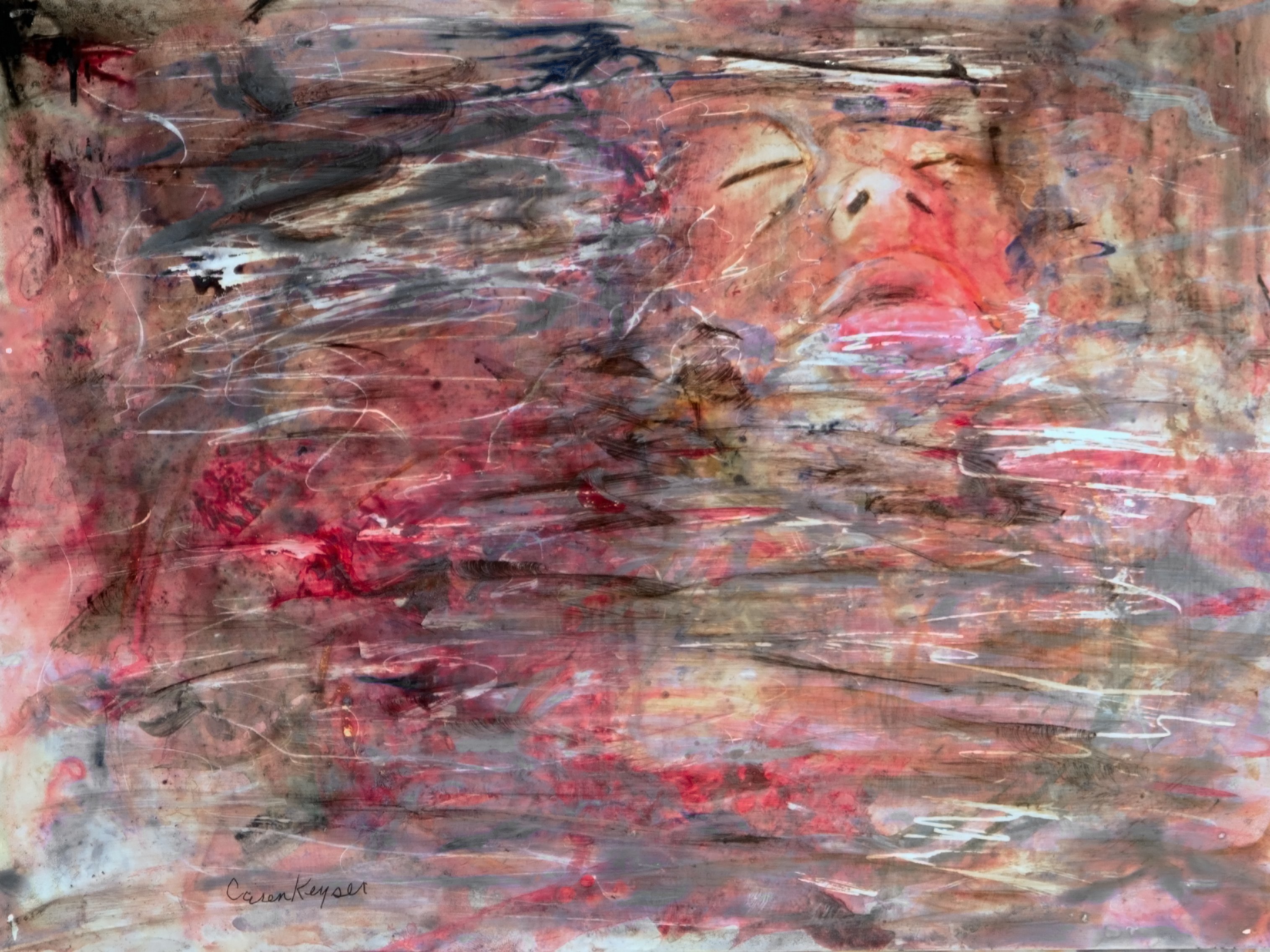 Caren Keyser, 'Blood In The Water', 2015, original Painting Acrylic, 12 x 11  cm. Artwork description: 1911 The victim has drowned.  Her face barely shows above the surface of the water.  It is a troubling image but suited to the number of serial killer novels I tend to read.  The subconscious shows itself in art. ...
