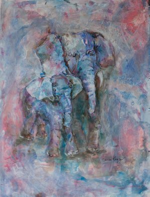 Caren Keyser, 'Blue Elephants', 2016, original Painting Acrylic, 9 x 12  cm. Artwork description: 3495  Mom and baby elephant in blues and pinks. Glossy. Acrylic on Yupo. ...