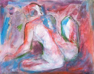 Caren Keyser, 'Nude Sitting On The Ground', 2016, original Painting Acrylic, 11 x 14  cm. Artwork description: 2703  The woman has her back to us as she sits on the ground with one knee up. Bright reds and other colors with a bit of drawing. The finish is glossy. Acrylic on Paper ...