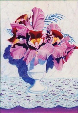 Caren Keyser, 'Orchid Vase', 1982, original Painting Acrylic, 14 x 20  cm. Artwork description: 3891 A hobnail vase filled with orchids on a crochet table cover. ...
