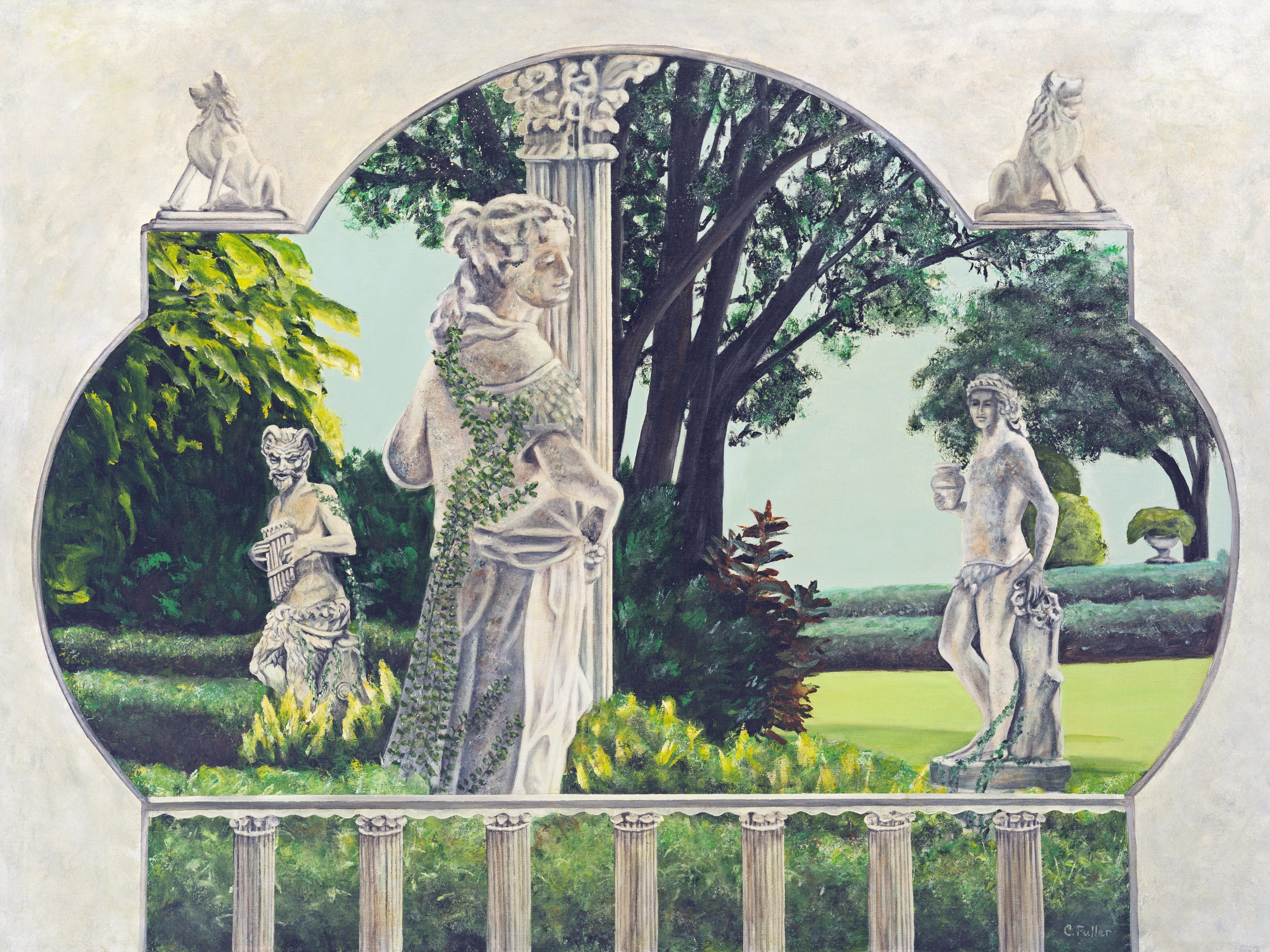 Caren Keyser, 'Pan S Garden Of Delight', 1997, original Painting Acrylic, 48 x 36  x 1 cm. Artwork description: 3891 Romance flourishes in this garden, encouraged by Pan playing his music to encourange them in their devilment. ...