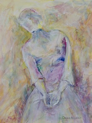 Caren Keyser, 'Party Dress', 2018, original Painting Acrylic, 9 x 12  x 0.1 cm. Artwork description: 1911 She is in a pretty party dress with a simmering silk organza jacket.  Her posture looks coy and flirtatous.  Soft orchid colors against a yellow background creates a lovely painting.  This was created intuitively by applying the paint abstractly and then finding the emerging figure within the ...
