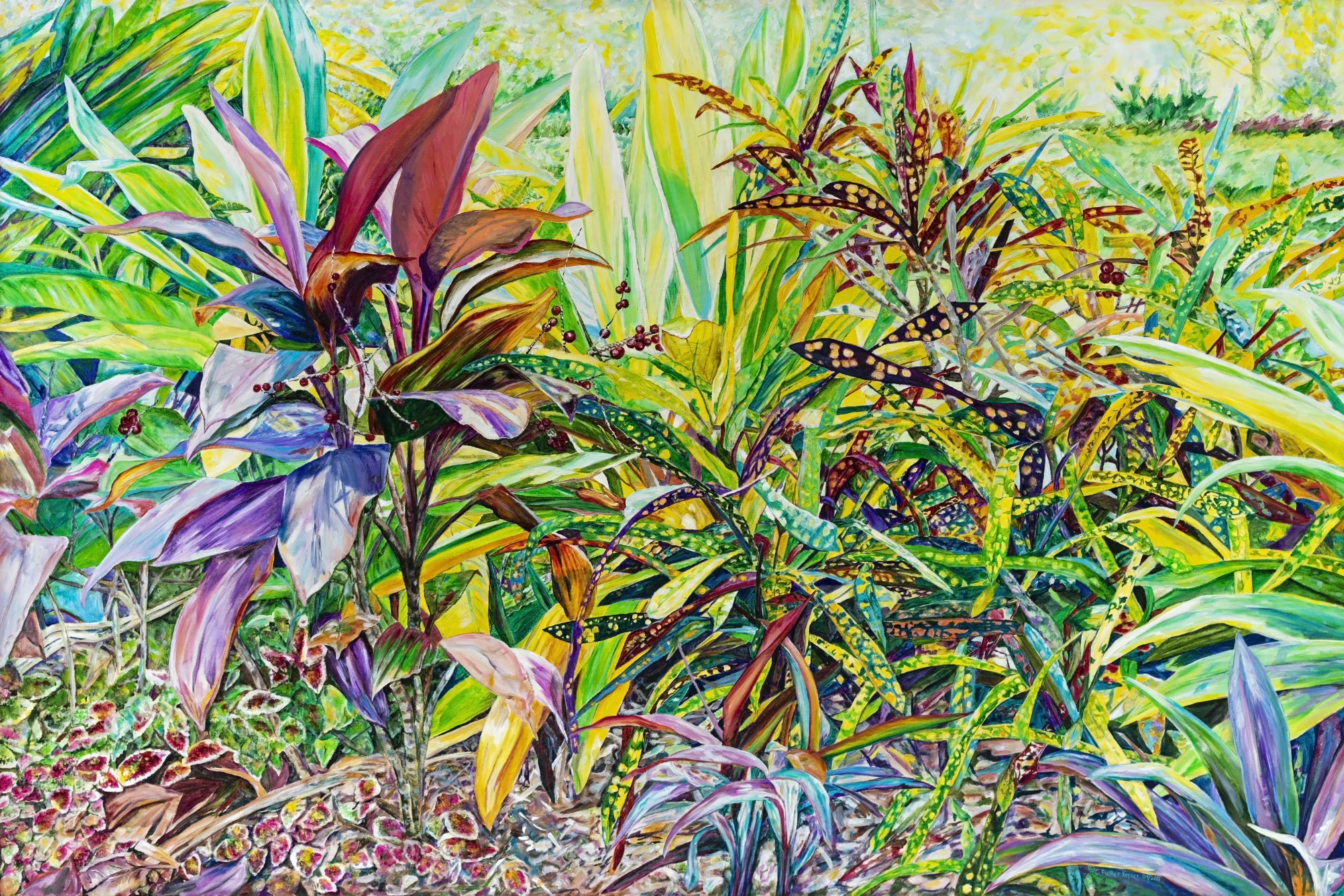 Caren Keyser, 'Ti Plant With Spotted Crotons', 2002, original Painting Acrylic, 60 x 40  x 2 cm. Artwork description: 3891 This garden scene overflows with colors.  Tropical Ti plants nestle among the slender leaves of colorful spotted Crotons. ...