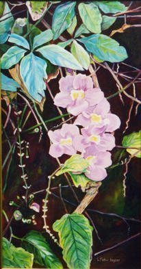 Caren Keyser, 'Vines', 1992, original Painting Acrylic, 18 x 34  cm. Artwork description: 3891 Purple flowering vine. It is actually a thunbergia grandiflora clock- vine. ...