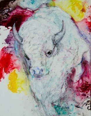 Caren Keyser, 'White Buffalo', 2017, original Painting Acrylic, 111 x 14  x 0.1 cm. Artwork description: 3495 The powerful White Buffalo appears among splashes of color from which it has been created.  The painting is acrylic on Yupo, a synthetic paper.  Its slick surface is broken by thick applications ofcolor and texture.  A gloss finish coats the entire image. ...