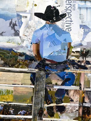 Caren Keyser; Cowboy On A Fence, 2020, Original Collage, 18 x 24 inches. Artwork description: 241 This collage is made from pieces torn from magazines.  The cowboy was sitting on a fence at a rodeo in Fellsmere, FL but in the artwork the setting seems more western than that.  It is interesting how the lines of the background seem to float through the ...