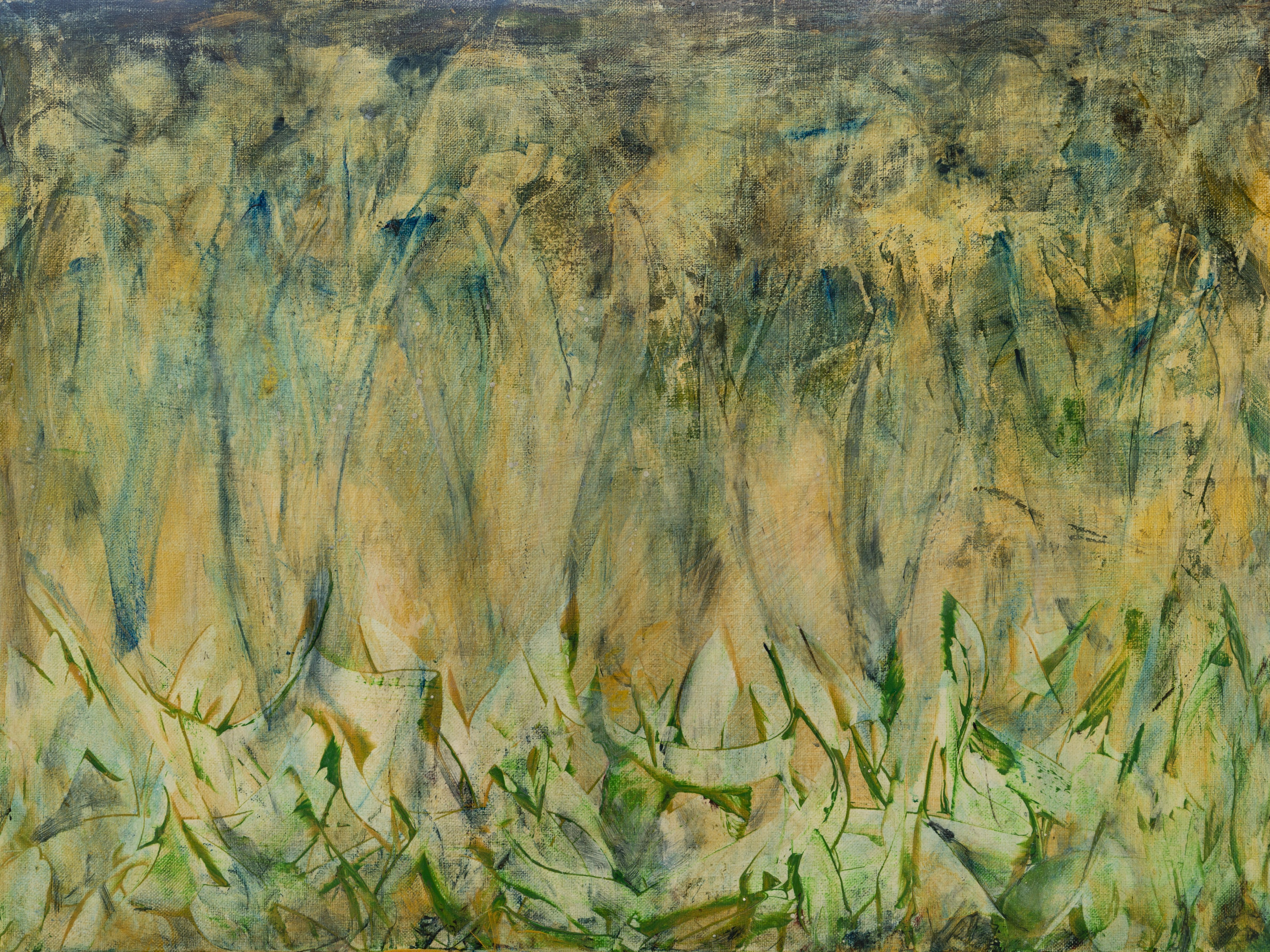 Caren Keyser; Golden Mist, 2019, Original Painting Acrylic, 24 x 18 inches. Artwork description: 241 In this is an abstract painting figures seem to appear through a golden mist.  The greenery in the foreground is like blades of grass or shrubbery.  See what you will, it is an interesting painting.  Greens, blues and golds are enmeshed in the fibers of the canvas ...