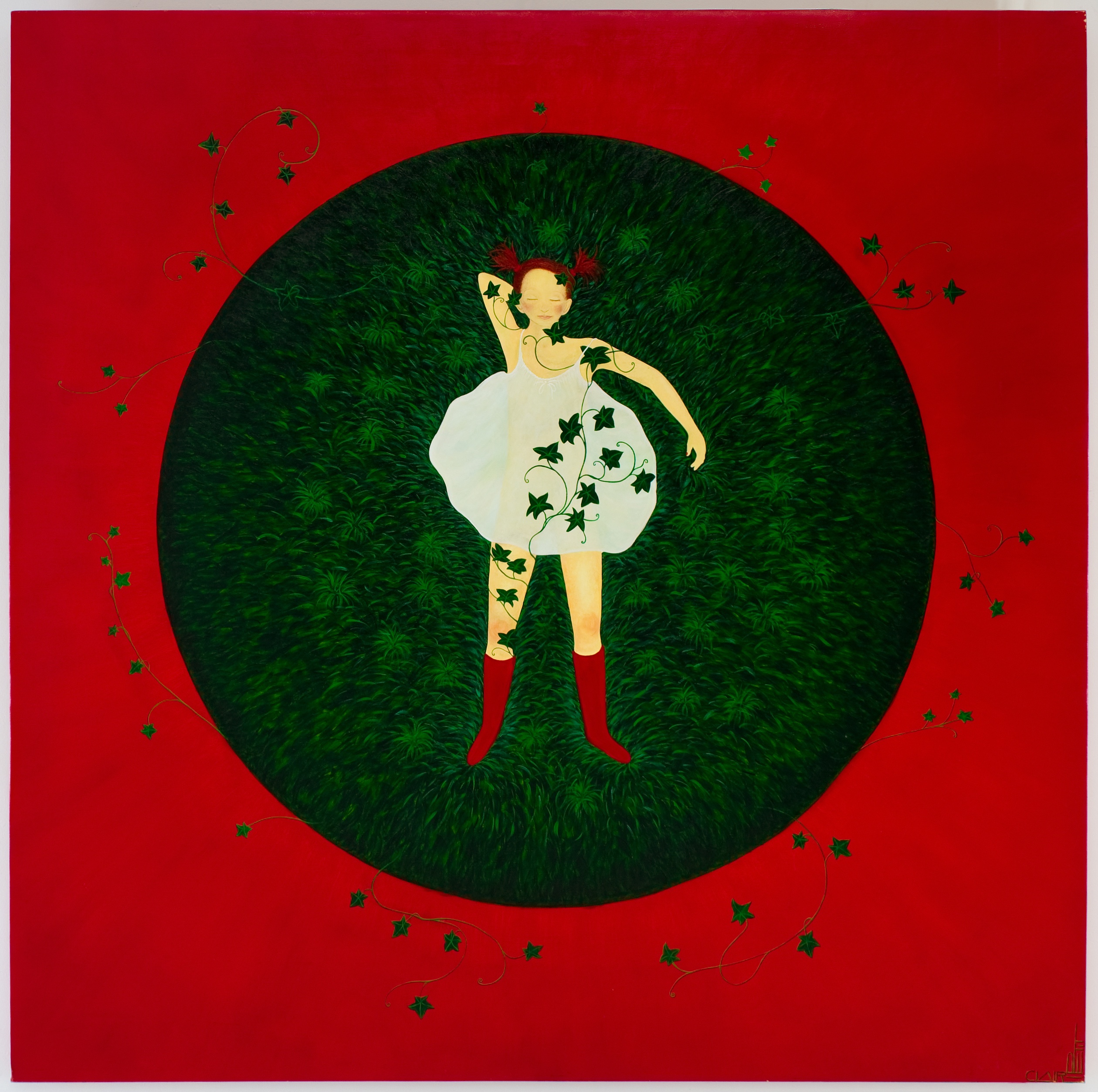 Claire Petit; Awaiting Unconsciousness, 2011, Original Painting Oil, 160 x 160 cm. Artwork description: 241 Oil Painting on canvas.  A little girl is sleeping in a green circle.  A climbing ivy is growing on her leg.  The background is a vivid red.A limited deluxe art print is available as well, signed and numbered reproduction 24 x 24 comes with a Certificate ...