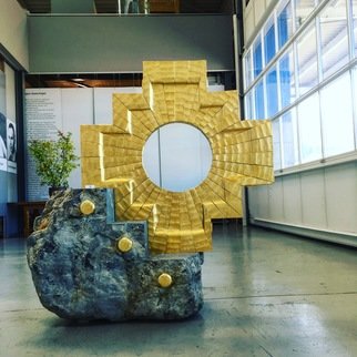 Claudio Bottero; Chakana, 2017, Original Sculpture Steel, 140 x 144 cm. Artwork description: 241 The Chakana or Inca Cross is a well known symbol of the Andes. This piece was made from 40 wedges of solid steel, it s fixed together inside with Stainless Steel bolts and covered with gold leaf. The base is made from Glarner Limestone. ...