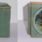 Gail Rosenquist; Ceramic Box With Glass Inlay, 2006, Original Ceramics Handbuilt, 4 x 4 inches. Artwork description: 241   Ceramic box with matte green glaze and glass inlay  ...