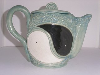 Gail Rosenquist; Yin Yang Teapot, 2006, Original Ceramics Handbuilt, 3 x 6 inches. Artwork description: 241  Handbuilt teapot  Celeadon Galze with black and white accents. ...