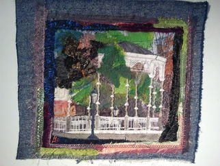 Jacoba Lange; Muziekpaviljoen, 2012, Original Textile, 60 x 80 cm. Artwork description: 241  Worked with recycled material only. UsedHandpainted silkscarfs and more. Machine stitched. Sewn on Canvas ...