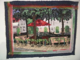 Jacoba Lange; Pleintje, 2012, Original Textile, 60 x 80 cm. Artwork description: 241 Worked with recycled material only. UsedHandpainted silkscarfs and more. Machine stitched. Sewn on Canvas ...