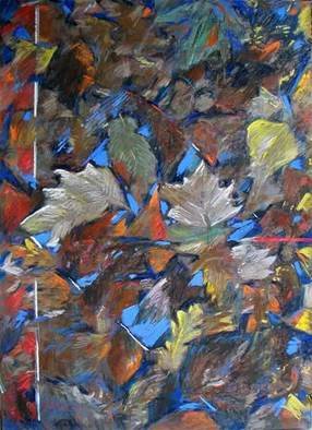 Bernard Collet; Leaves Around An Icon Of Sky, 2005, Original Pastel, 60 x 80 cm. Artwork description: 241  the fallen sheets still have some embers .Autumn leaves fallen on water reflecting the blue sky...