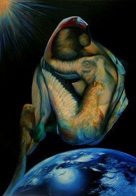 Corne Akkers; Gaia, 2016, Original Painting Oil, 85 x 120 cm. Artwork description: 241 gaia surrealism oil painting animals nude nue nackt naakt desnudo surrealisme...