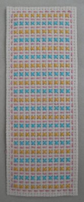 Courtney Cook; Miniature Geometric 1, 2017, Original Textile, 4 x 12 cm. Artwork description: 241 A colourful miniature needlework piece with a repeating design. ...