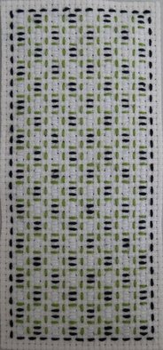 Courtney Cook; Miniature Geometric 2, 2017, Original Textile, 5 x 11 cm. Artwork description: 241 Using black, white and green, this textile piece provides an interesting repeated pattern. ...