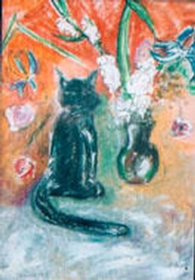 Lisa Counts; Cat And Vase, 2002, Original Painting Oil, 16 x 20 inches. Artwork description: 241 The painting is oil pastels with a touch of oil paint. Is for sale....