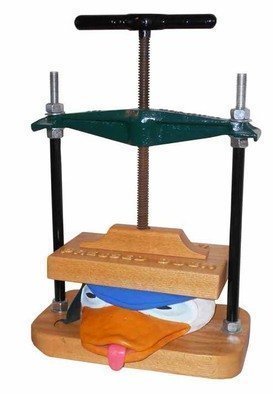 Bill Czappa; Pressed Duck, 2019, Original Sculpture Mixed, 14 x 22 inches. Artwork description: 241 This piece has been sold but the collector said I could made a few more of them. This piece is another play on words with donalds head stuck in a wine press. Someone saw it and said why not do Ppekin Duck and so I did. ...