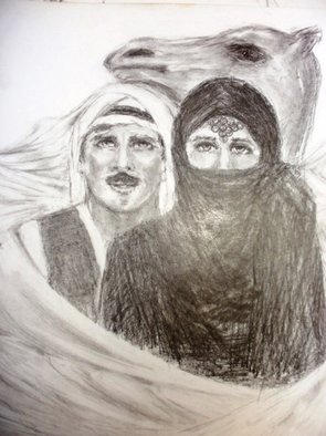Khalil Dadah; Love In The Desert, 2001, Original Drawing Charcoal, 50 x 70 cm. Artwork description: 241  desert , camel , , roaming          ...