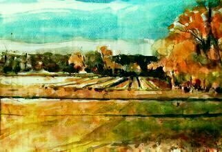 Daniel Clarke, 'Autumn In Missouri', 2015, original Watercolor, 15 x 11  x 0.5 inches. Artwork description: 7851  Autumn in Missouri farm landscape watercolor orange fall colors  ...
