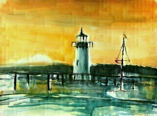 Daniel Clarke, 'Edgartown Sunset', 2021, original Watercolor, 24 x 18  x 0.1 inches. Artwork description: 2307 The Lighthouse at EdgartownShe shines her light for all the lost sailors passing byHer beam bright as the sun, flashing through the night skyThe lighthouse, a soldier during the stormsStanding tall, unafraid of the chaosHer light piercing through the storm like sharp ...