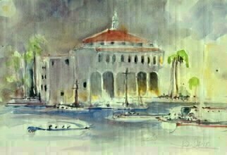 Daniel Clarke, 'Evening Casino', 2018, original Watercolor, 18 x 12  x 0.1 inches. Artwork description: 3495 Twenty- six miles across the sea Santa Catalina is a- waitin  for me, Santa Catalina, the island of romance, romance, romance, romance. Water all around it ev rywhere, tropical trees and the salty air, but for me the thing that s a- waitin  there s romance. It ...