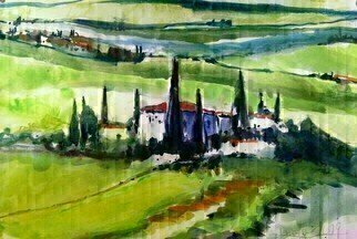 Daniel Clarke, 'Green Tuscany', 2019, original Watercolor, 18 x 12  x 0.1 inches. Artwork description: 4683 I walked from the big house to the villasIn the cool of the late Tuscan nightI smelt wheat grass and orange blossomI heard owls and night birdsAnd rustling in the grassI saw twinkling lights on distant hillsI felt a thousand years ...