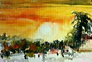 Daniel Clarke, 'Highland Park Sunset', 2018, original Watercolor, 18 x 12  x 0.1 inches. Artwork description: 6663 Painting: Watercolor on Paper.The brilliant Sun kisses the evening sky over Highland Park, California giving us one more breathless view of the Los Angeles evening sky...