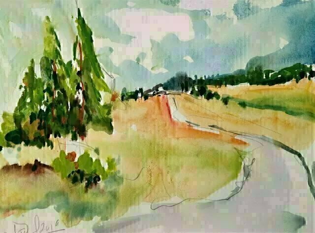 Daniel Clarke, 'Near Bend Or', 2019, original Watercolor, 12 x 9  x 0.1 inches. Artwork description: 6267 Oregon, I remember you. The way yourtrees were unregretful and made imploring loveto the rounded breasts of the sky.Tumble down to Portland in a jeep and see men so poor they have no home standing inline for soup. Standing in line for hymns, ...