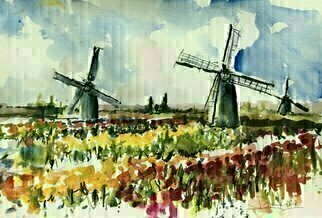 Daniel Clarke, 'Netherlands 2020', 2020, original Watercolor, 18 x 12  x 0.1 inches. Artwork description: 3891 Holland is a country without mountain, hill or bevel.ThataEURtms quite alarming if you consider we re all below sea level.Tulips sing on the plainsThe terrain is large, flat and rather featureless you see,thataEURtms what happens when most of it is reclaimed ...