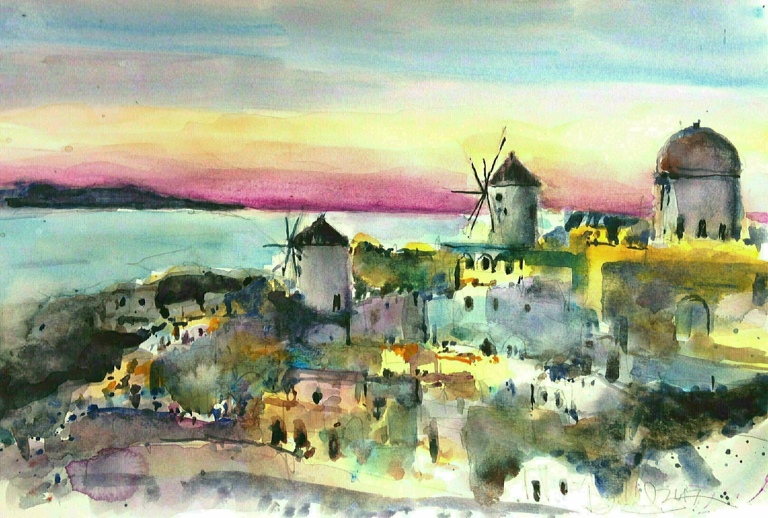 Daniel Clarke, 'Oia Greece Early Evening', 2017, original Watercolor, 18 x 12  x 0.1 inches. Artwork description: 5871 Oia, Greece covers the whole island of Therasia and the northwestern most part of Santorini, which it shares with the municipal unit of Santorini. Oia reached the peak of prosperity in the late 19th and early 20th centuries. Its economic prosperity was based on its merchant fleet, ...