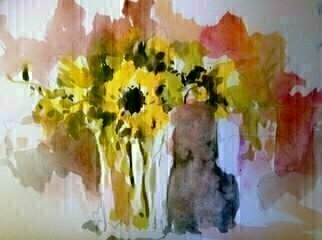 Daniel Clarke, 'Sunflower', 2017, original Watercolor, 20 x 15  x 0.1 inches. Artwork description: 3891 Sunflowers on a Sunday Morning a watercolor with vivid colors shapes and atmosphere. Flowers, still life, paper magic...