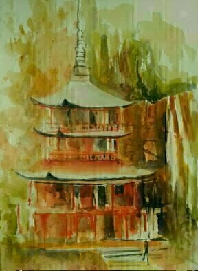 Daniel Clarke, 'Temple Of The Blue Waves', 2017, original Watercolor, 20 x 15  x 0.1 inches. Artwork description: 4683 Temple of the Blue Waves, is a Tendai Buddhist temple in Wakayama Prefecture, Japan. Founded by the priest RagyA ShAnin, a monk from India. The temple was purposely built near Nachi Falls, a nature worship site. ...