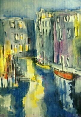 Daniel Clarke, 'Venice Evening Lights', 2018, original Watercolor, 12 x 18  x 0.1 inches. Artwork description: 7059 Venice backwater evening lights push outward while the evening closes in. ...
