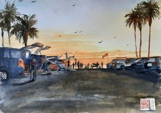 Danny S Christian; End Of Beach Day, 2021, Original Watercolor, 42 x 29.7 cm. Artwork description: 241 Weekend is just to be ended, as surfers are rushing back before night falls on Sunday evening. ...