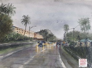 Danny S Christian; Monsoon, 2021, Original Watercolor, 42 x 29.7 cm. Artwork description: 241 Monsoon rain fall on wet road, while cars hurry passing it...