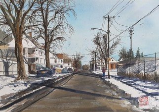 Danny S Christian; Sunny Winter Morning, 2021, Original Watercolor, 42 x 29.7 cm. Artwork description: 241 Last night s snowfall still left its trace on snow piles alongside the neighborhood s street. People are have to start their activity even the cold still make them want to stay at home...