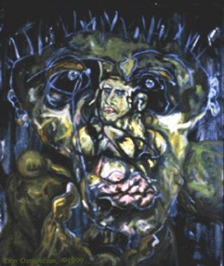 Dan Osmundson; Woman In His Head, 1991, Original Painting Oil, 36 x 48 inches. Artwork description: 241 This piece on the stretcher is about 10 pounds.  Taken off the stretcher and rolled it would probably be less than half of that weight.  Ill include the price of shipping, if you decide to have it rolled, as crating a stretched piece is quite a chore. ...