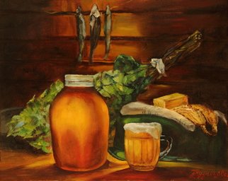 Dariusz Bernat; Beer Hops, 2017, Original Painting Oil, 50 x 40 mm. Artwork description: 241 beer, realism, brown, colonial, starch, gold, green, hops, yeast...