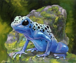Dariusz Bernat; Blue Frog, 2016, Original Painting Oil, 50 x 40 cm. Artwork description: 241 realism, black, blue, violet, Pastel colours, frog, green...