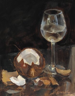 Dariusz Bernat; Coconut, 2017, Original Painting Oil, 40 x 50 cm. Artwork description: 241 realism, black, white, wine, brown, coconut, glass, grey...