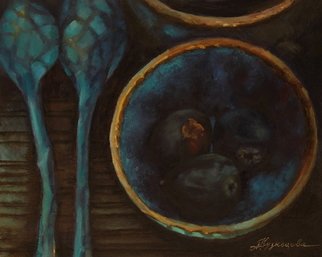 Dariusz Bernat; Fig, 2017, Original Painting Oil, 50 x 40 cm. Artwork description: 241 realism, blue, turquoise, yellow, dark, fig, gold...