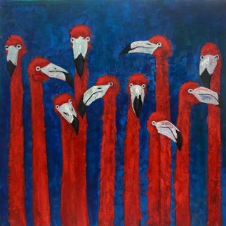 Dariusz Bernat; Flamingos, 2017, Original Painting Oil, 100 x 100 cm. Artwork description: 241 red, blue, abstract expressionism, canvas, flamingos, oil...