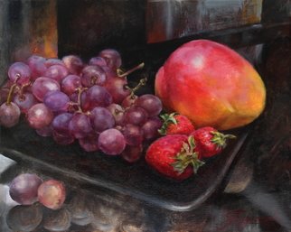 Dariusz Bernat; Fruits On Plate, 2017, Original Painting Oil, 50 x 40 mm. Artwork description: 241 plate, realism, red, black, strawberry, violet, yellow, mango, fruits, grapes, orange...